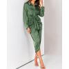 imageBTFBM Maxi Dresses for Women Fall 2025 Long Sleeve Lapel Neck Button Down Elegant Satin Belted Ruched Summer Shirt DressDark Army Green