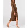 imageBTFBM Maxi Dresses for Women Fall 2025 Long Sleeve Lapel Neck Button Down Elegant Satin Belted Ruched Summer Shirt DressDark Brown