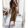 imageBTFBM Maxi Dresses for Women Fall 2025 Long Sleeve Lapel Neck Button Down Elegant Satin Belted Ruched Summer Shirt DressDark Brown