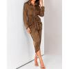 imageBTFBM Maxi Dresses for Women Fall 2025 Long Sleeve Lapel Neck Button Down Elegant Satin Belted Ruched Summer Shirt DressDark Brown