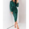 imageBTFBM Maxi Dresses for Women Fall 2025 Long Sleeve Lapel Neck Button Down Elegant Satin Belted Ruched Summer Shirt DressDark Green