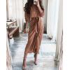 imageBTFBM Maxi Dresses for Women Fall 2025 Long Sleeve Lapel Neck Button Down Elegant Satin Belted Ruched Summer Shirt DressDark Khaki