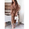 imageBTFBM Maxi Dresses for Women Fall 2025 Long Sleeve Lapel Neck Button Down Elegant Satin Belted Ruched Summer Shirt DressDark Khaki