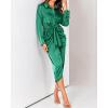 imageBTFBM Maxi Dresses for Women Fall 2025 Long Sleeve Lapel Neck Button Down Elegant Satin Belted Ruched Summer Shirt DressDeep Green