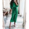 imageBTFBM Maxi Dresses for Women Fall 2025 Long Sleeve Lapel Neck Button Down Elegant Satin Belted Ruched Summer Shirt DressDeep Green