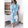imageBTFBM Maxi Dresses for Women Fall 2025 Long Sleeve Lapel Neck Button Down Elegant Satin Belted Ruched Summer Shirt DressLight Blue