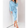 imageBTFBM Maxi Dresses for Women Fall 2025 Long Sleeve Lapel Neck Button Down Elegant Satin Belted Ruched Summer Shirt DressLight Blue