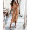 imageBTFBM Maxi Dresses for Women Fall 2025 Long Sleeve Lapel Neck Button Down Elegant Satin Belted Ruched Summer Shirt DressLight Khaki