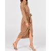 imageBTFBM Maxi Dresses for Women Fall 2025 Long Sleeve Lapel Neck Button Down Elegant Satin Belted Ruched Summer Shirt DressLight Khaki