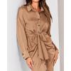 imageBTFBM Maxi Dresses for Women Fall 2025 Long Sleeve Lapel Neck Button Down Elegant Satin Belted Ruched Summer Shirt DressLight Khaki