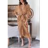 imageBTFBM Maxi Dresses for Women Fall 2025 Long Sleeve Lapel Neck Button Down Elegant Satin Belted Ruched Summer Shirt DressLight Khaki