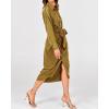 imageBTFBM Maxi Dresses for Women Fall 2025 Long Sleeve Lapel Neck Button Down Elegant Satin Belted Ruched Summer Shirt DressOlive Green
