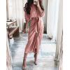 imageBTFBM Maxi Dresses for Women Fall 2025 Long Sleeve Lapel Neck Button Down Elegant Satin Belted Ruched Summer Shirt DressPink