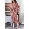 imageBTFBM Maxi Dresses for Women Fall 2025 Long Sleeve Lapel Neck Button Down Elegant Satin Belted Ruched Summer Shirt DressPink