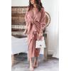 imageBTFBM Maxi Dresses for Women Fall 2025 Long Sleeve Lapel Neck Button Down Elegant Satin Belted Ruched Summer Shirt DressPink