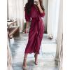 imageBTFBM Maxi Dresses for Women Fall 2025 Long Sleeve Lapel Neck Button Down Elegant Satin Belted Ruched Summer Shirt DressPurple Red