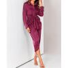 imageBTFBM Maxi Dresses for Women Fall 2025 Long Sleeve Lapel Neck Button Down Elegant Satin Belted Ruched Summer Shirt DressPurple Red