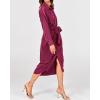 imageBTFBM Maxi Dresses for Women Fall 2025 Long Sleeve Lapel Neck Button Down Elegant Satin Belted Ruched Summer Shirt DressPurple Red