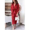 imageBTFBM Maxi Dresses for Women Fall 2025 Long Sleeve Lapel Neck Button Down Elegant Satin Belted Ruched Summer Shirt DressRed