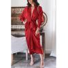 imageBTFBM Maxi Dresses for Women Fall 2025 Long Sleeve Lapel Neck Button Down Elegant Satin Belted Ruched Summer Shirt DressRed