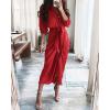 imageBTFBM Maxi Dresses for Women Fall 2025 Long Sleeve Lapel Neck Button Down Elegant Satin Belted Ruched Summer Shirt DressRed