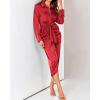 imageBTFBM Maxi Dresses for Women Fall 2025 Long Sleeve Lapel Neck Button Down Elegant Satin Belted Ruched Summer Shirt DressRed