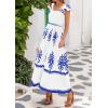 imageBTFBM Summer Dresses for Women 2025 Floral Smocked Boho Sleeveless Square Neck A Line Casual Beach Maxi Dress PocketsWhite Blue