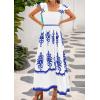 imageBTFBM Summer Dresses for Women 2025 Floral Smocked Boho Sleeveless Square Neck A Line Casual Beach Maxi Dress PocketsWhite Blue