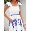 imageBTFBM Summer Dresses for Women 2025 Floral Smocked Boho Sleeveless Square Neck A Line Casual Beach Maxi Dress PocketsWhite Blue