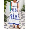 imageBTFBM Summer Dresses for Women 2025 Floral Smocked Boho Sleeveless Square Neck A Line Casual Beach Maxi Dress PocketsWhite Blue
