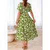 imageBTFBM Summer Floral Dress for Women 2025 Spring Boho Short Sleeve Square Neck Smocked Flowy Maxi Beach Vacation DressesFloral Army Green White