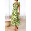 imageBTFBM Summer Floral Dress for Women 2025 Spring Boho Short Sleeve Square Neck Smocked Flowy Maxi Beach Vacation DressesFloral Army Green White