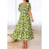 imageBTFBM Summer Floral Dress for Women 2025 Spring Boho Short Sleeve Square Neck Smocked Flowy Maxi Beach Vacation DressesFloral Army Green White