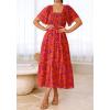 imageBTFBM Summer Floral Dress for Women 2025 Spring Boho Short Sleeve Square Neck Smocked Flowy Maxi Beach Vacation DressesFloral Orange Purple