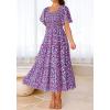 imageBTFBM Summer Floral Dress for Women 2025 Spring Boho Short Sleeve Square Neck Smocked Flowy Maxi Beach Vacation DressesFloral Purple