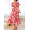 imageBTFBM Summer Floral Dress for Women 2025 Spring Boho Short Sleeve Square Neck Smocked Flowy Maxi Beach Vacation DressesFloral Red White