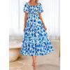 imageBTFBM Summer Floral Dress for Women 2025 Spring Boho Short Sleeve Square Neck Smocked Flowy Maxi Beach Vacation DressesFloral White Blue