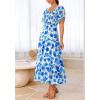 imageBTFBM Summer Floral Dress for Women 2025 Spring Boho Short Sleeve Square Neck Smocked Flowy Maxi Beach Vacation DressesFloral White Blue