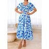 imageBTFBM Summer Floral Dress for Women 2025 Spring Boho Short Sleeve Square Neck Smocked Flowy Maxi Beach Vacation DressesFloral White Blue