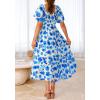imageBTFBM Summer Floral Dress for Women 2025 Spring Boho Short Sleeve Square Neck Smocked Flowy Maxi Beach Vacation DressesFloral White Blue