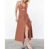 imageBTFBM Women 2025 Summer Spaghetti Strap Midi Dress Sleeveless V Neck Cutout Slit Casual Beach Party Maxi Dresses PocketsLight Brown