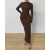 imageBTFBM Women Bodycon Maxi Dress Long Sleeve Back Slit Ruched Elegant Party Cocktail Formal Fall Wedding Guest DressesBrown