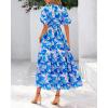 imageBTFBM Women Summer Floral Midi Dresses Casual Boho Puff Short Sleeve V Neck Button Belt Flowy Maxi Beach Vacation DressFloral Blue Purple White