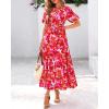 imageBTFBM Women Summer Floral Midi Dresses Casual Boho Puff Short Sleeve V Neck Button Belt Flowy Maxi Beach Vacation DressFloral Orange Pink White