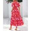 imageBTFBM Women Summer Floral Midi Dresses Casual Boho Puff Short Sleeve V Neck Button Belt Flowy Maxi Beach Vacation DressFloral Orange Pink White