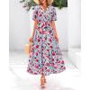 imageBTFBM Women Summer Floral Midi Dresses Casual Boho Puff Short Sleeve V Neck Button Belt Flowy Maxi Beach Vacation DressFloral Red Blue