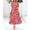 imageBTFBM Women Summer Floral Midi Dresses Casual Boho Puff Short Sleeve V Neck Button Belt Flowy Maxi Beach Vacation DressFloral Red Orange Pink