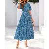 imageBTFBM Women Summer Floral Midi Dresses Casual Boho Puff Short Sleeve V Neck Button Belt Flowy Maxi Beach Vacation DressPrint Aqua Green Blue