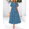 imageBTFBM Women Summer Floral Midi Dresses Casual Boho Puff Short Sleeve V Neck Button Belt Flowy Maxi Beach Vacation DressPrint Aqua Green Blue