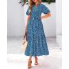 imageBTFBM Women Summer Floral Midi Dresses Casual Boho Puff Short Sleeve V Neck Button Belt Flowy Maxi Beach Vacation DressPrint Aqua Green Blue
